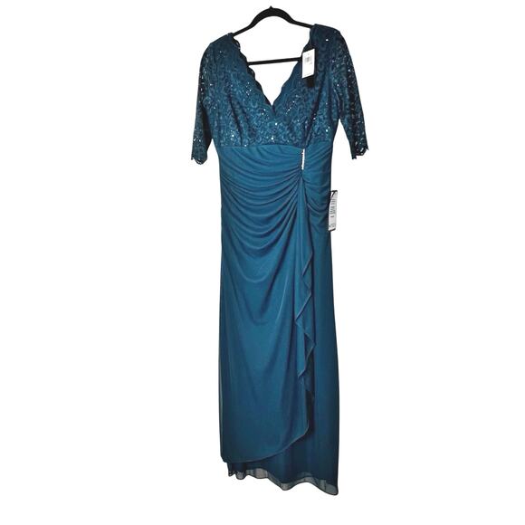 Betsy & Adam V-Neck Lace-Bodice Gown Dress Lined Peacock Size 12 Petite  NWT - Picture 3 of 10